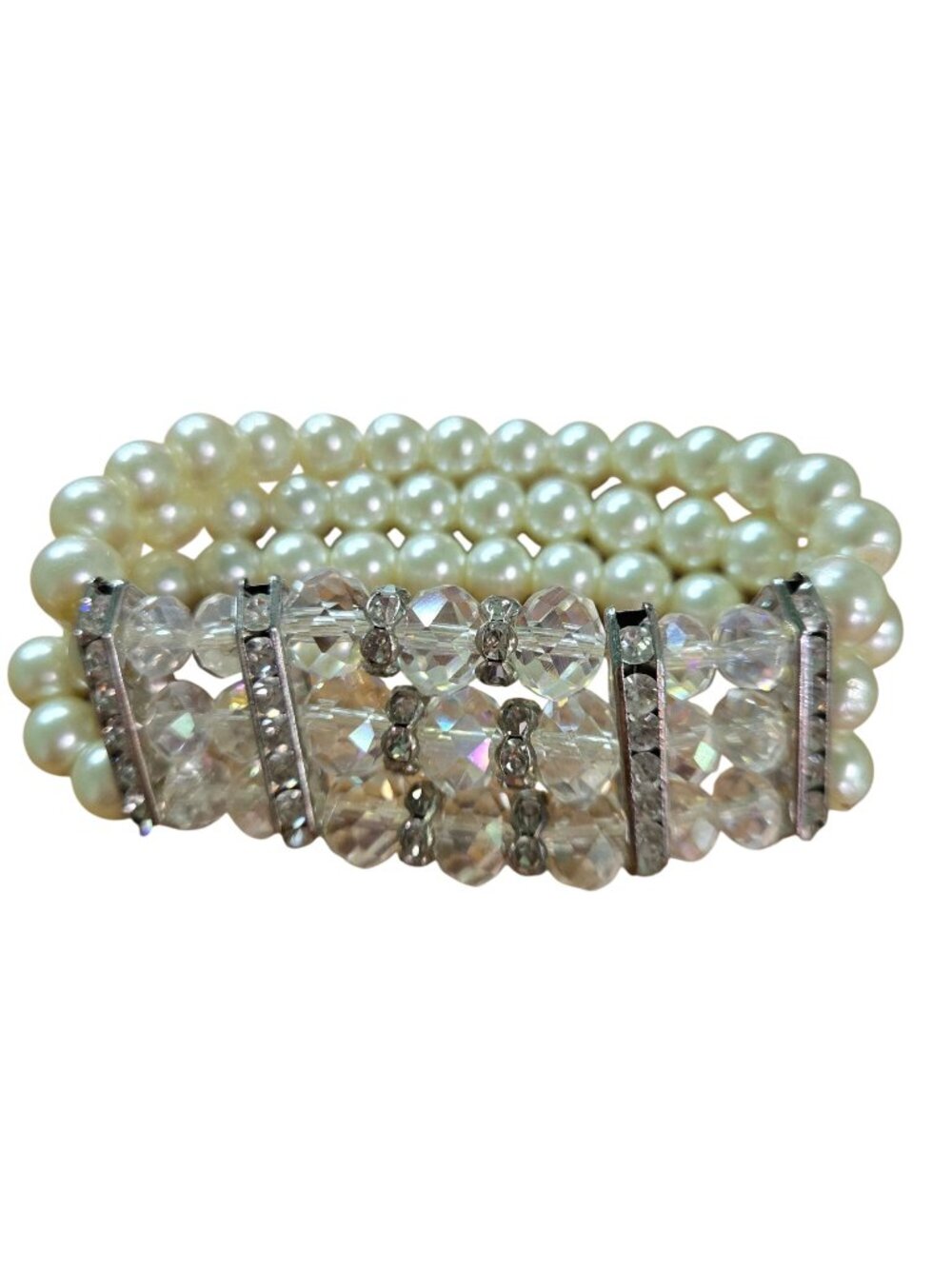 Vintage 3 Row Pearl Rhinestone Aurora Borealis Crystal Beaded Stretch Bracelet